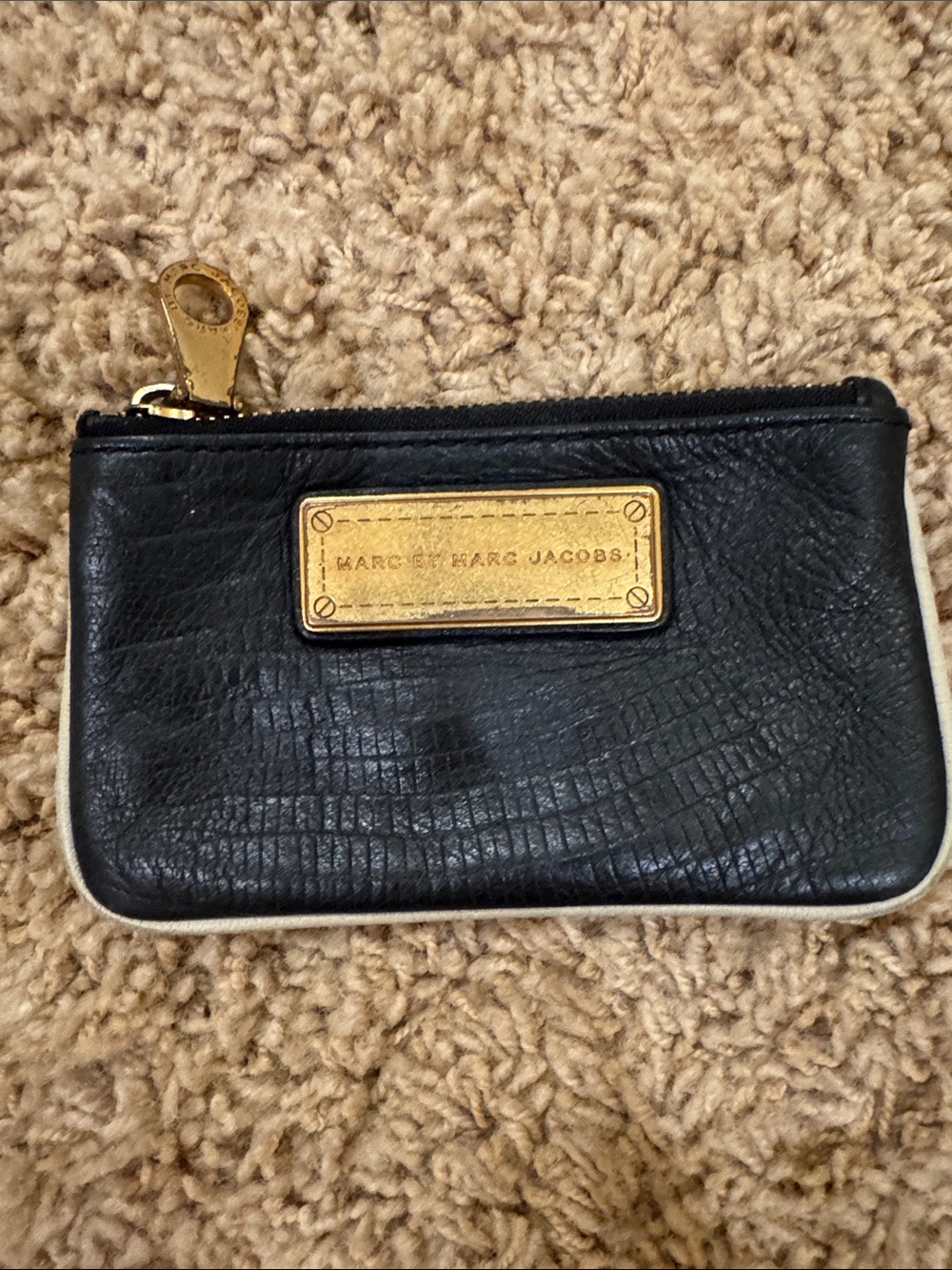 Marc by Marc Jacobs Black Leather Zip Coin Pouch with Gold Plate Accent